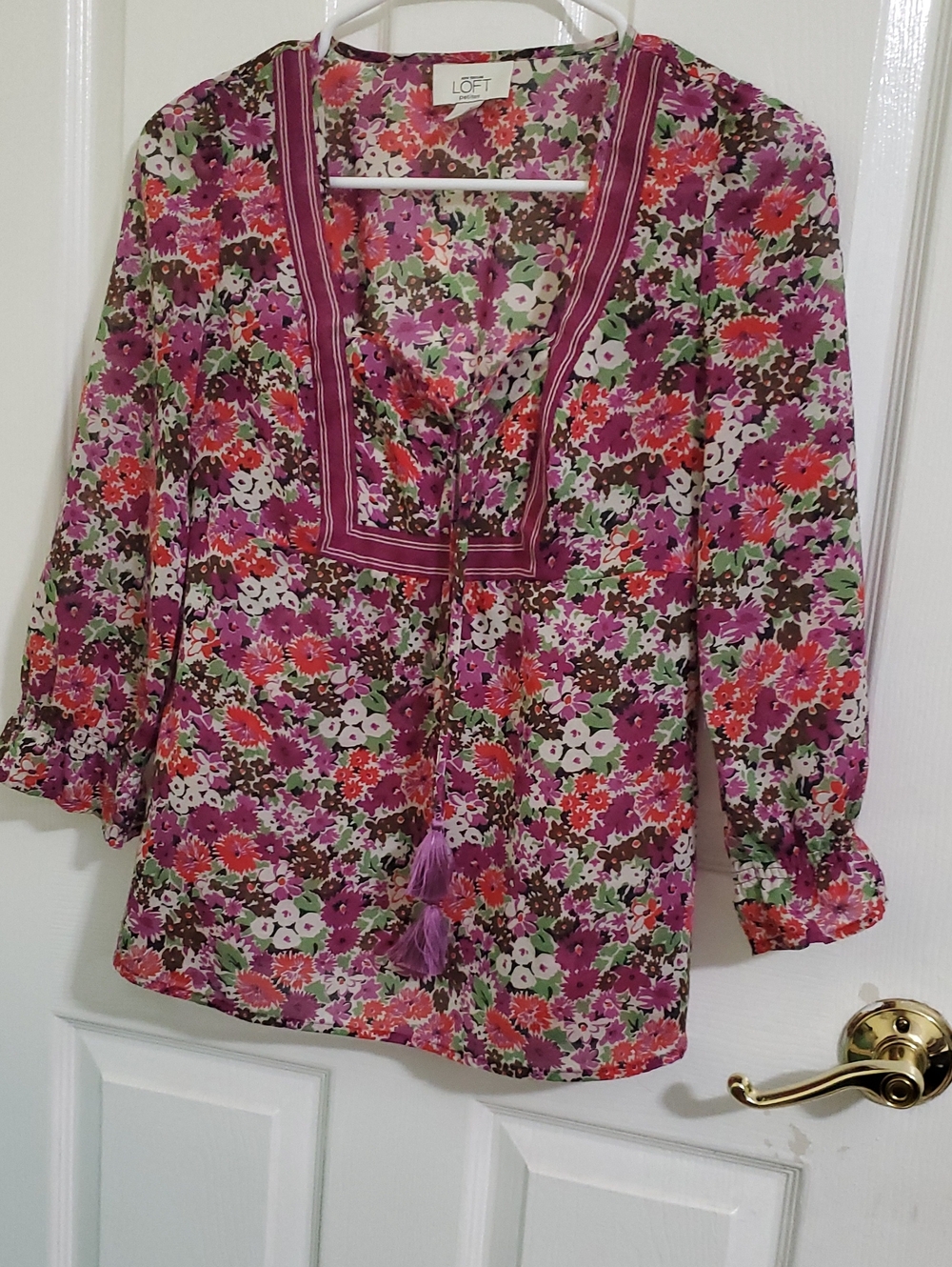 Ann Taylor LOFT Petites Pink Purple Floral Tassel Tie Boho Peasant Top XXSP